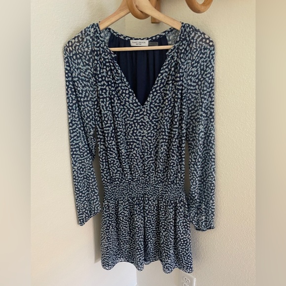 RAMY BROOK Long Sleeve V-Neck Smocked Drop Waist Blue Abstract Dress size XS - Picture 3 of 7